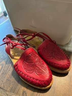 Huarache Handmade Red Embossed Leather Lace-Up Mules - Women